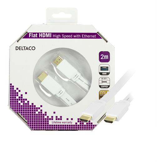 DELTACO HDMI V1.4 Kaapeli 4K, Ethernet,3D, Paluu, Litteä Valk,2m