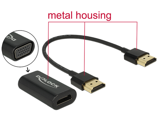 Delock HDMI-> VGA Adapteri, Sis. 15 Cm HDMI Ur - Ur Kaapelin, Musta