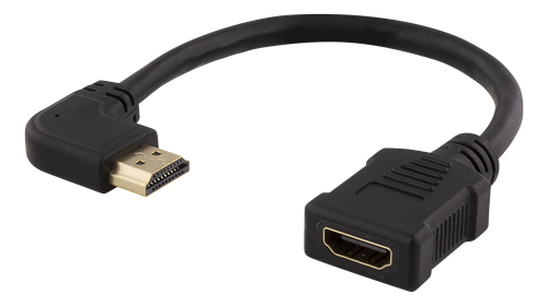 DELTACO HDMI-sovitin, 0,2m, Taipuisa, Lovitettu Oikealta, UHD, Musta