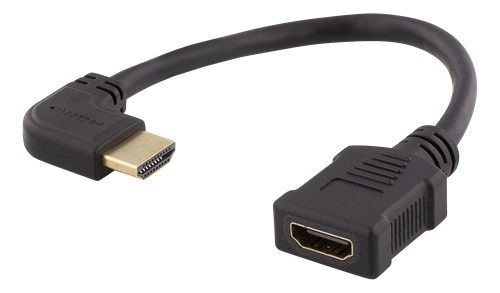 DELTACO HDMI-sovitin, 0,2m, Taipuisa, Lovitettu Vasemmalta, UHD, Musta