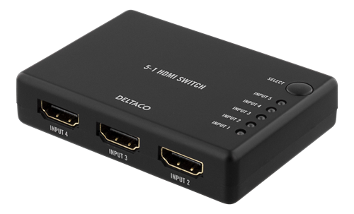 DELTACO HDMI-kytkin, 5 Sisääntuloa Ja 1 Ulostulo, 4K 60Hz, 7.1, Musta