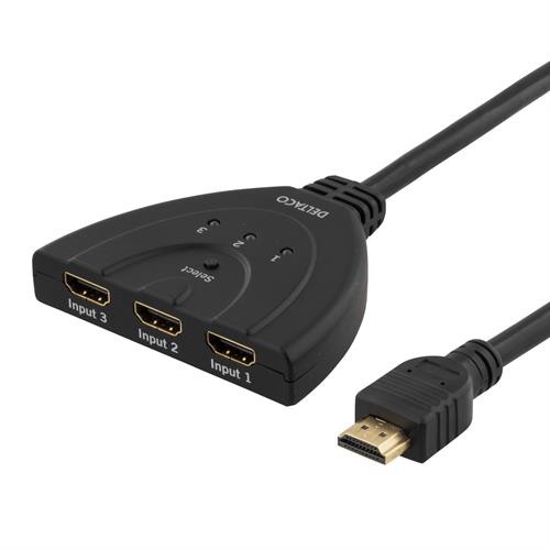DELTACO HDMI Pigtail Kytkin, Auto/manual HDMI-kytkin, 3-1, Musta