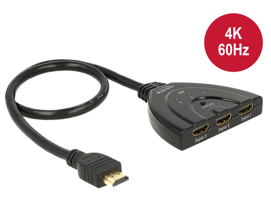 DeLOCK HDMI-kytkin, 3 Sisään, 1 Ulos, 3840x2160 60Hz, HDCP 2.2, Musta